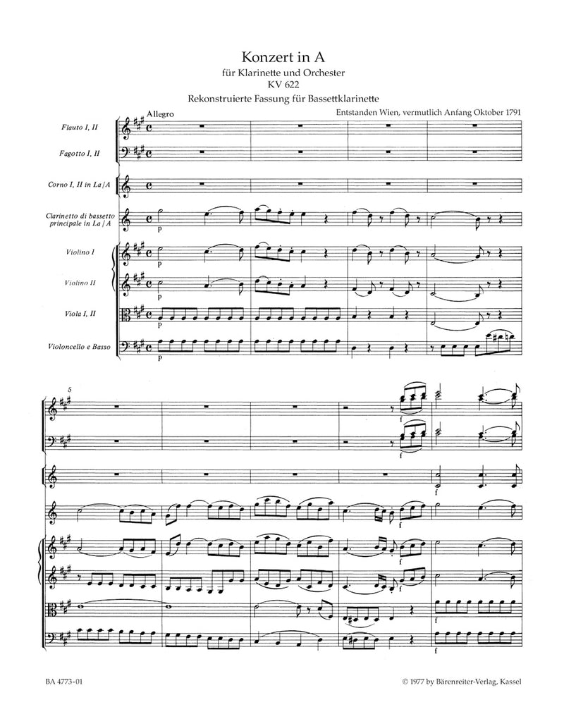 Concerto for Clarinet and Orchestra A major K. 622 (Reconstructed Version for Basset Clarinet and Orchestra) [score]