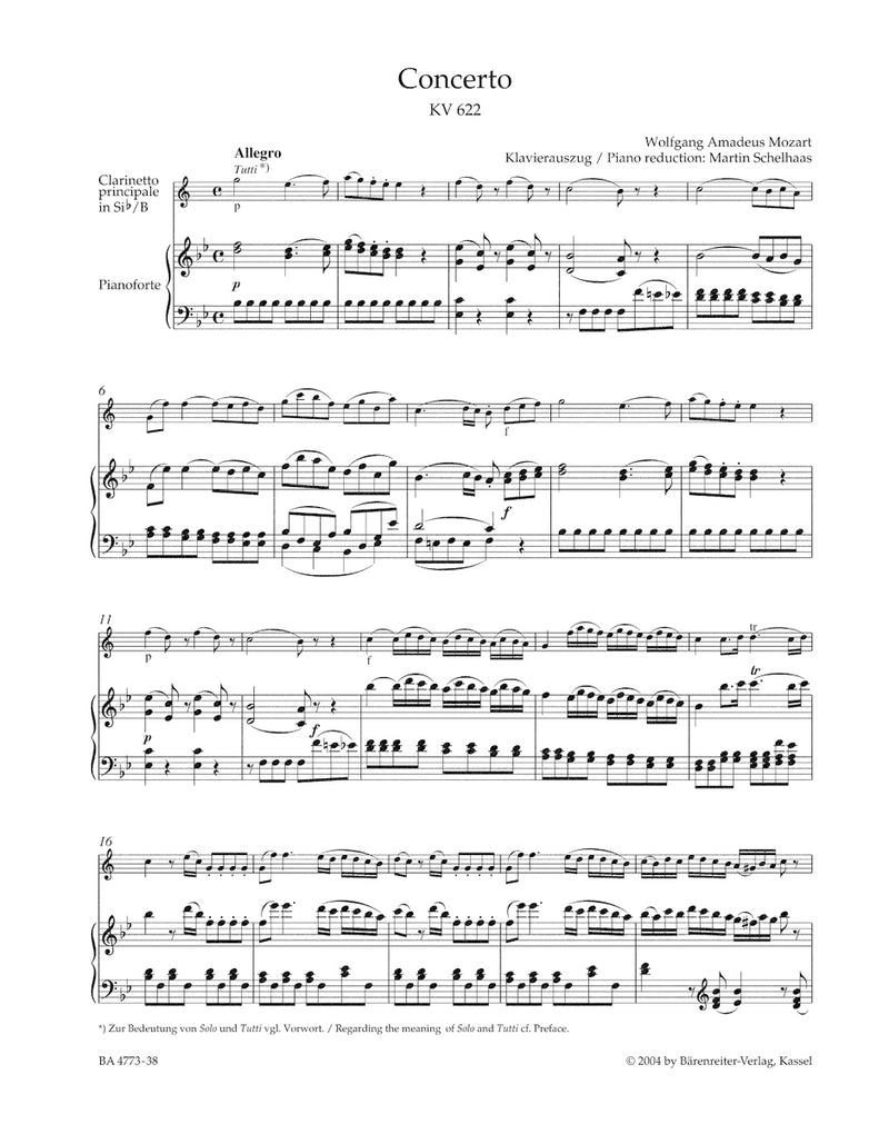 Concerto for B-flat Clarinet and Piano K. 622（ピアノ・リダクション）