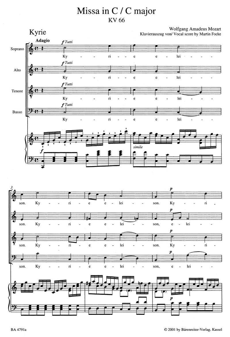 Missa C major K. 66 "Dominicus Mass" （ヴォーカル・スコア）