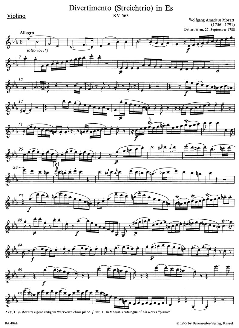 Divertimento für Violine, Viola und Violoncello Es-Dur K. 563 [set of parts]