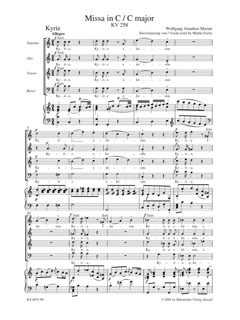 Missa C major K. 258 （ヴォーカル・スコア）