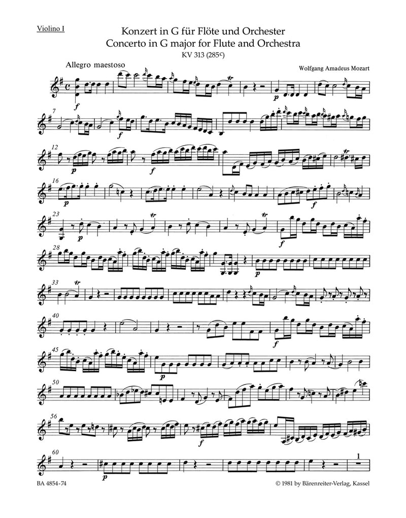 Concerto for Flute and Orchestra G major K. 313 (285c) [violin 1 part]