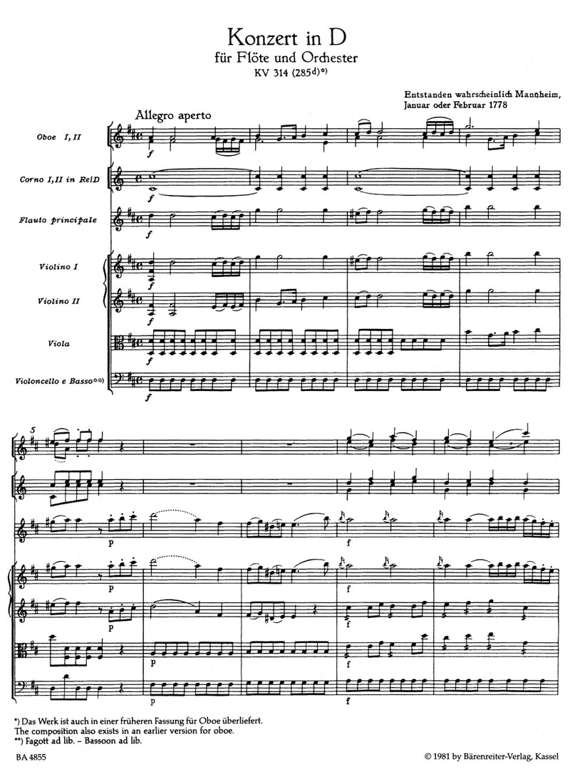 Concerto for Flute and Orchestra D major K. 314 (285d) [score]