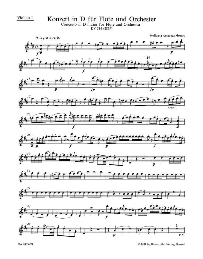 Concerto for Flute and Orchestra D major K. 314 (285d) [violin 1 part]