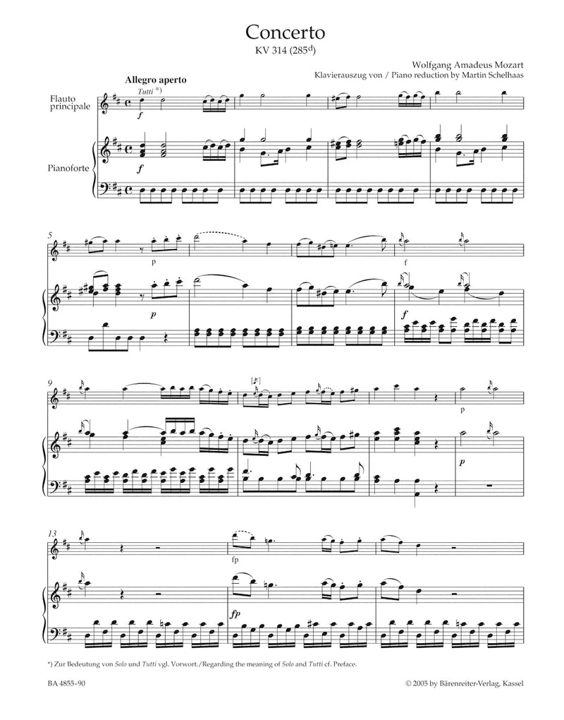Concerto for Flute and Orchestra D major K. 314 (285d)（ピアノ・リダクション）