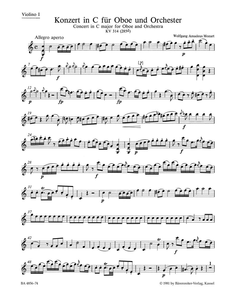Concerto for Oboe and Orchestra C major K. 314 (285d) [violin 1 part]