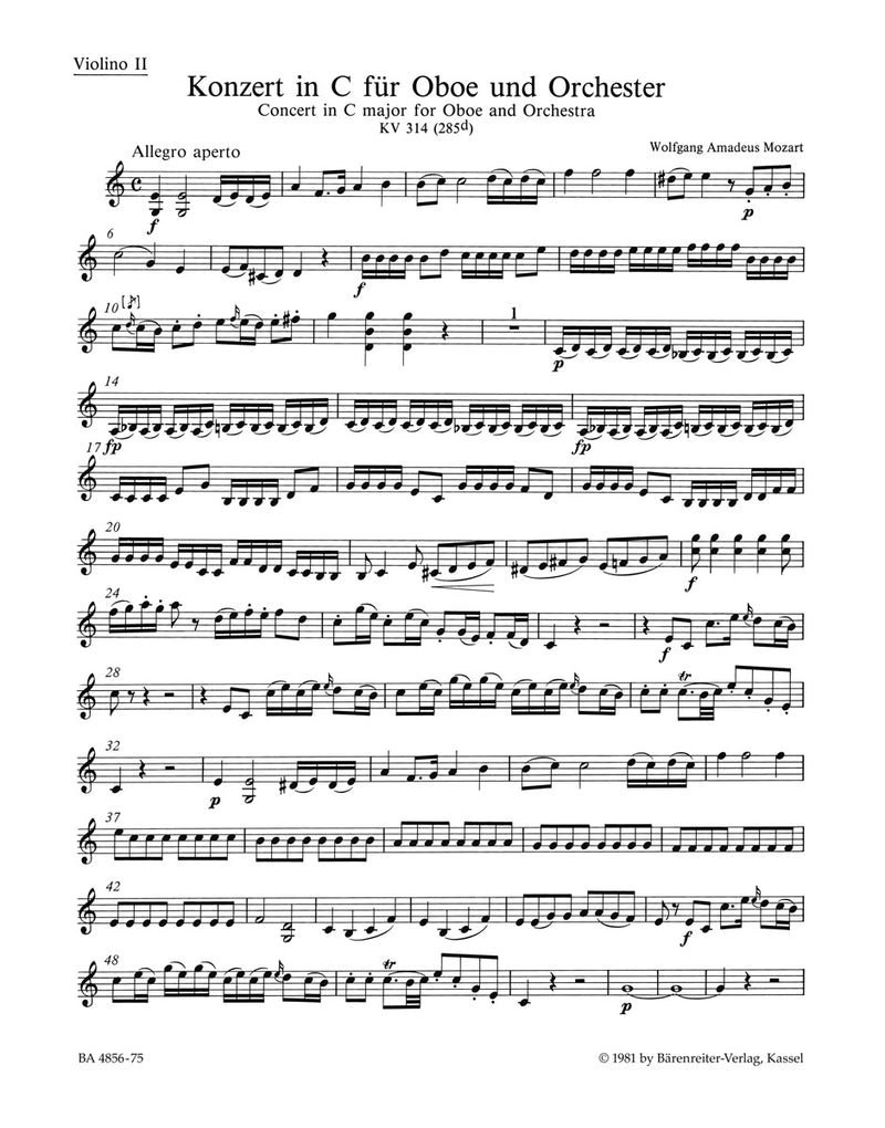 Concerto for Oboe and Orchestra C major K. 314 (285d) [violin 2 part]