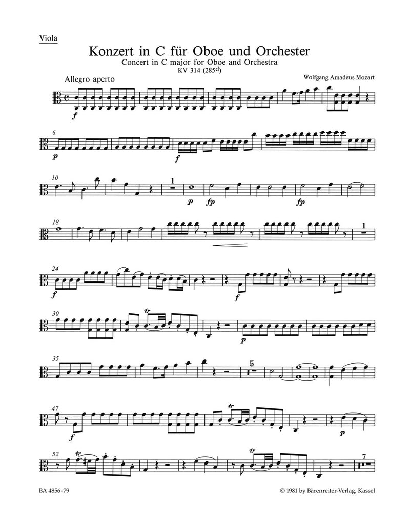 Concerto for Oboe and Orchestra C major K. 314 (285d) [viola part]