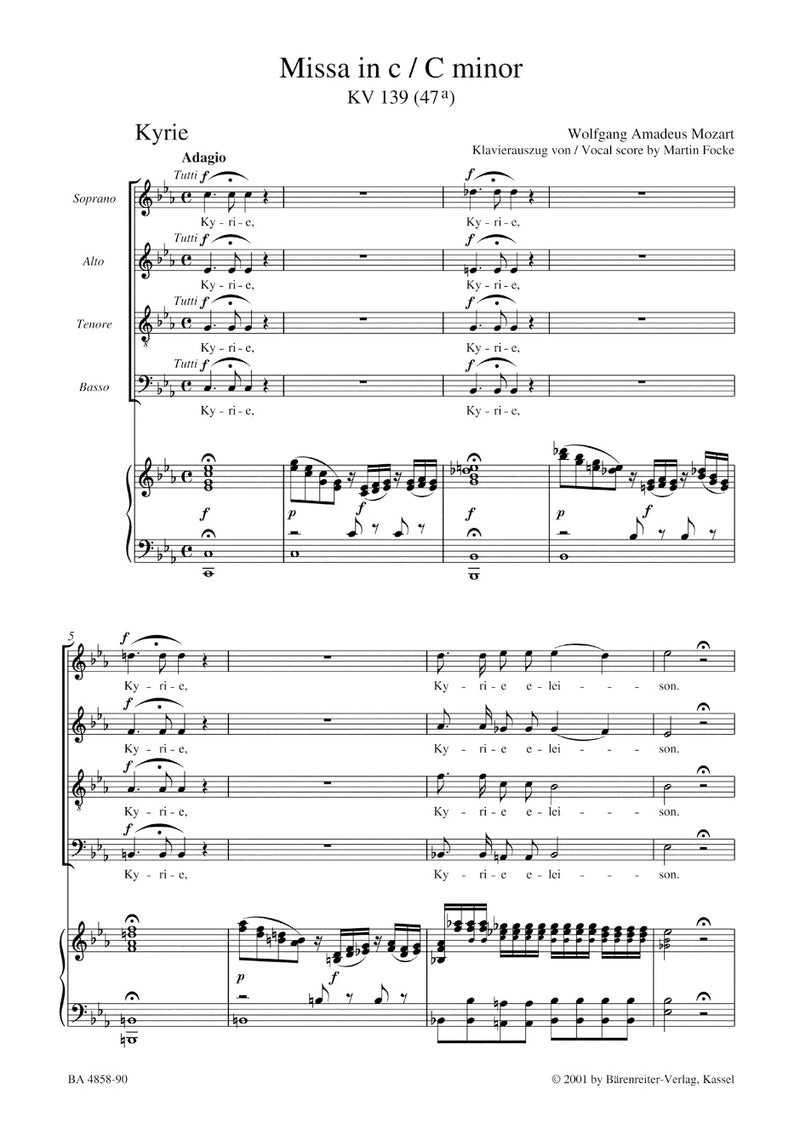 Missa C minor K. 139 (47a) "Waisenhaus Mass" （ヴォーカル・スコア）
