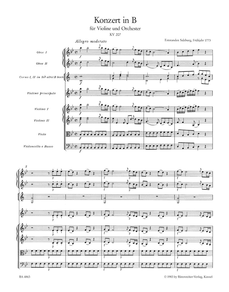Concerto for Violin and Orchestra Nr. 1 B-flat major K. 207 [score]
