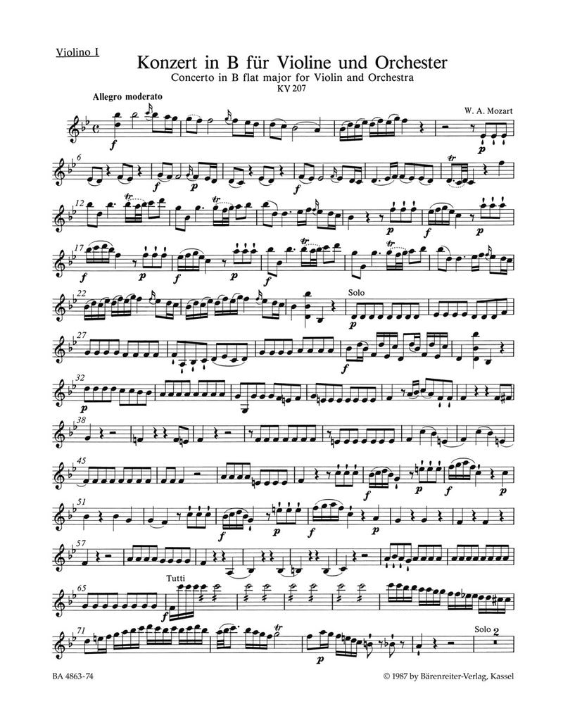 Concerto for Violin and Orchestra Nr. 1 B-flat major K. 207 [violin 1 part]