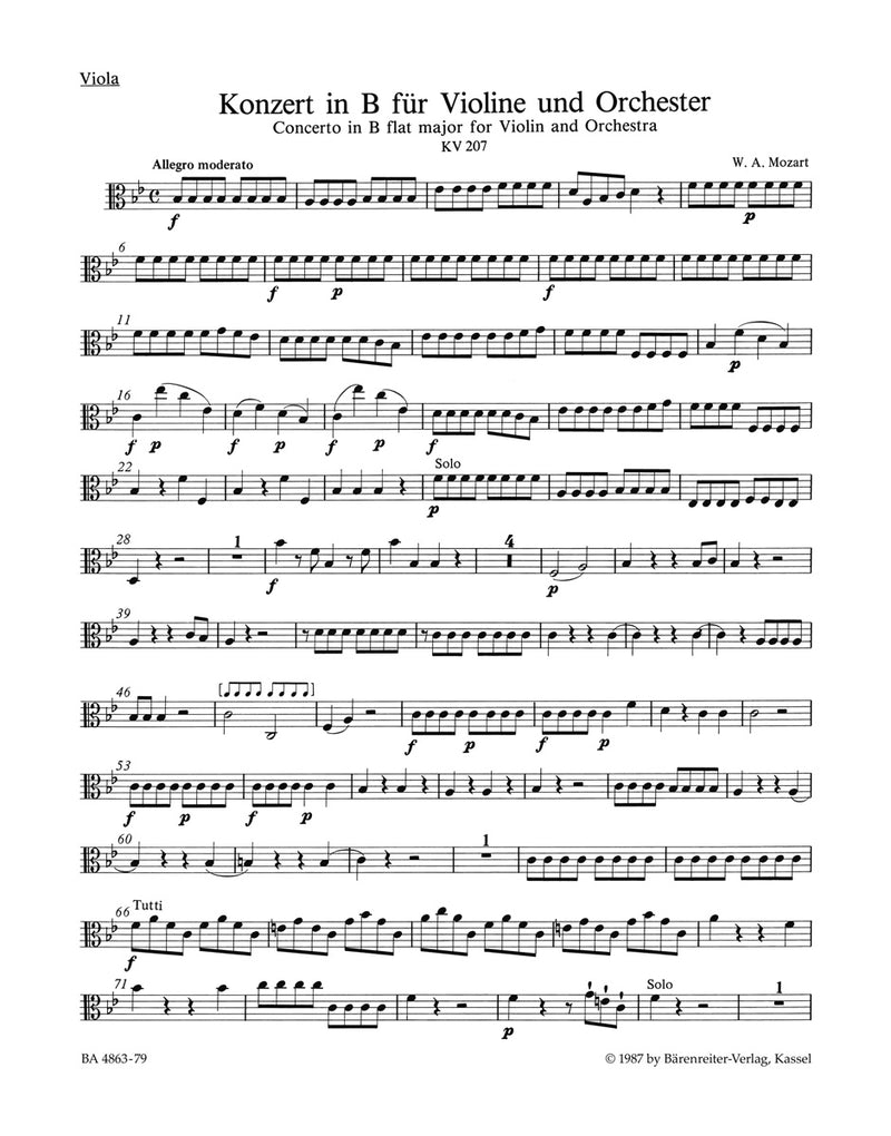 Concerto for Violin and Orchestra Nr. 1 B-flat major K. 207 [VA part]