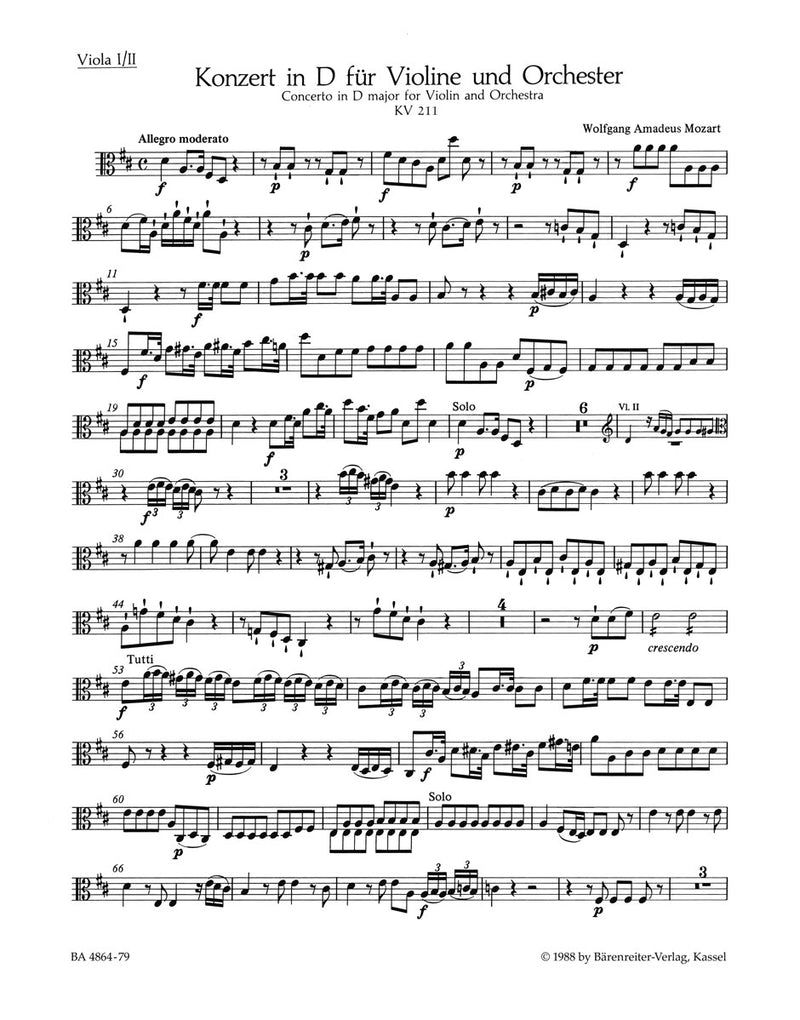 Concerto for Violin and Orchestra Nr. 2 D major K. 211 [viola1/viola2 part]
