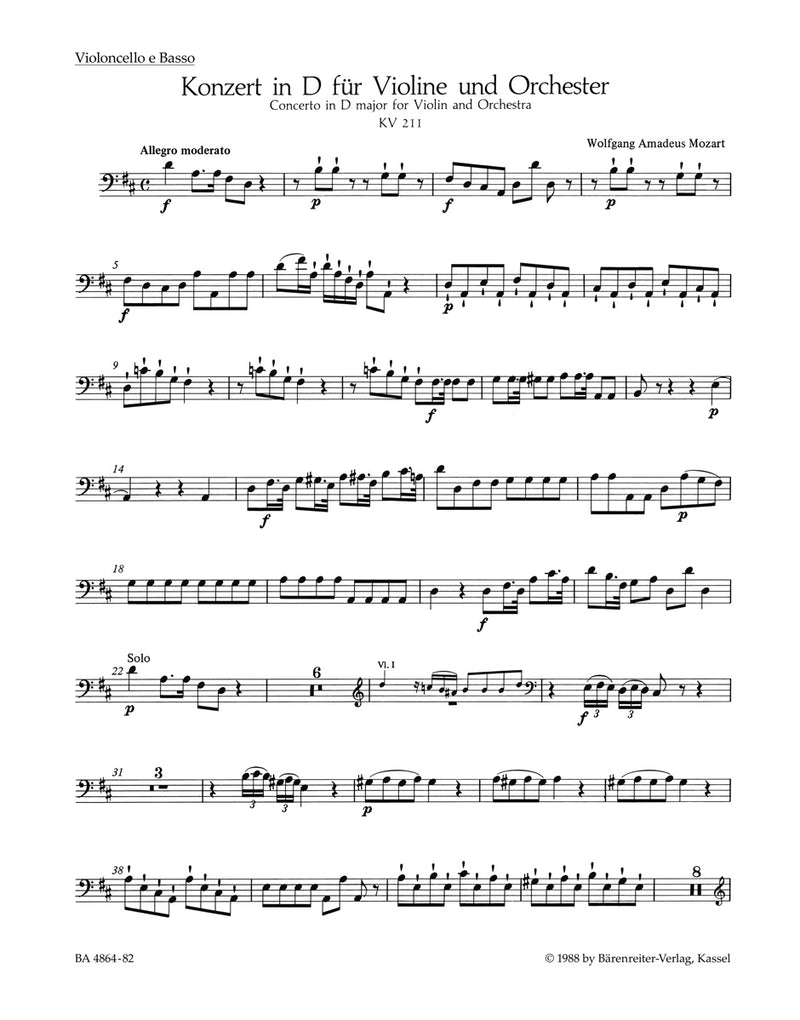 Concerto for Violin and Orchestra Nr. 2 D major K. 211 [cello/double bass part]