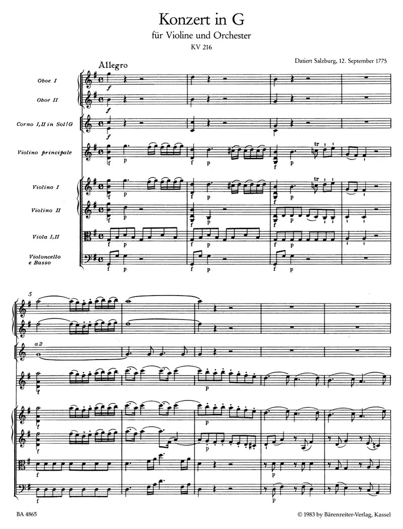 Concerto for Violin and Orchestra Nr. 3 G major K. 216 [score]