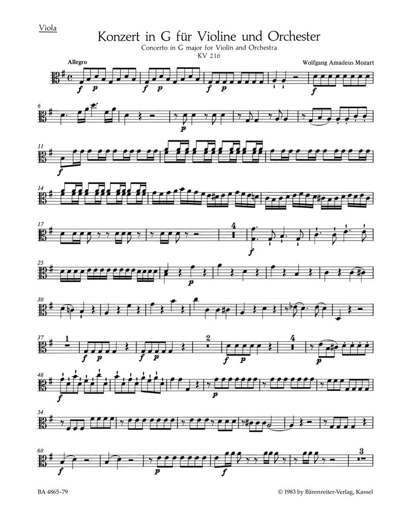Concerto for Violin and Orchestra Nr. 3 G major K. 216 [viola part]