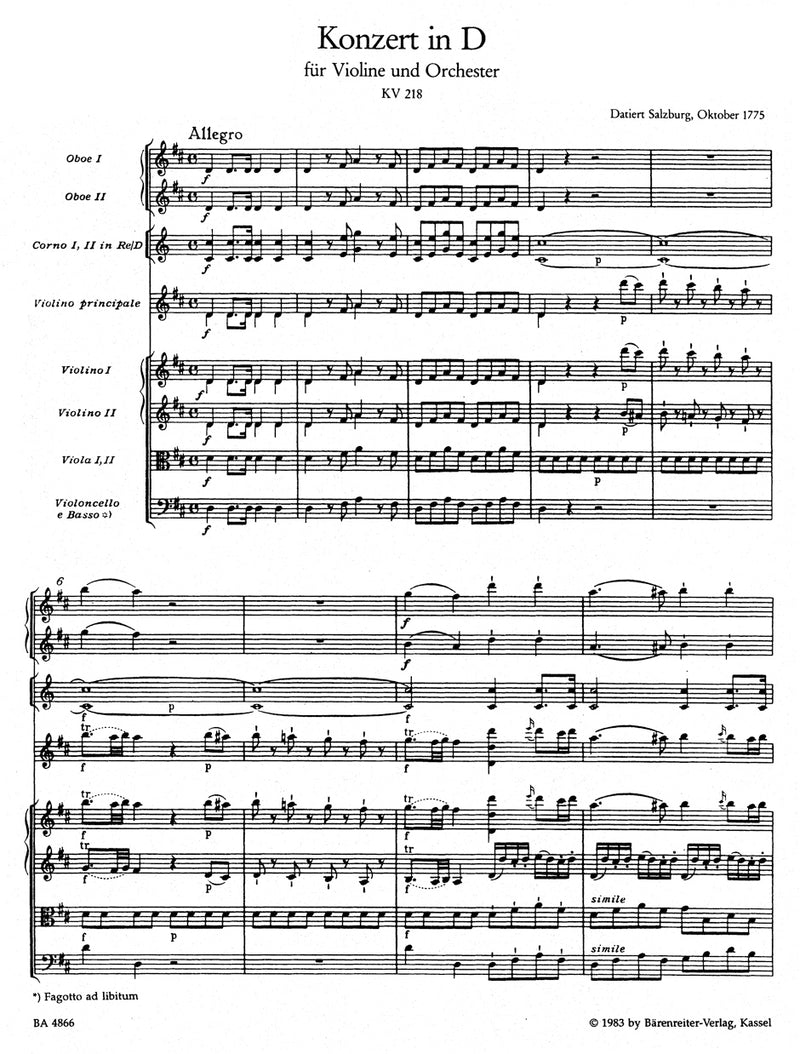 Concerto for Violin and Orchestra Nr. 4 D major K. 218 [score]