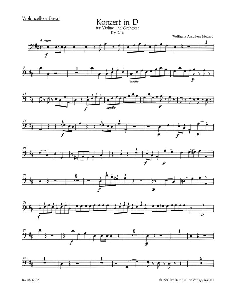Concerto for Violin and Orchestra Nr. 4 D major K. 218 [cello/double bass part]