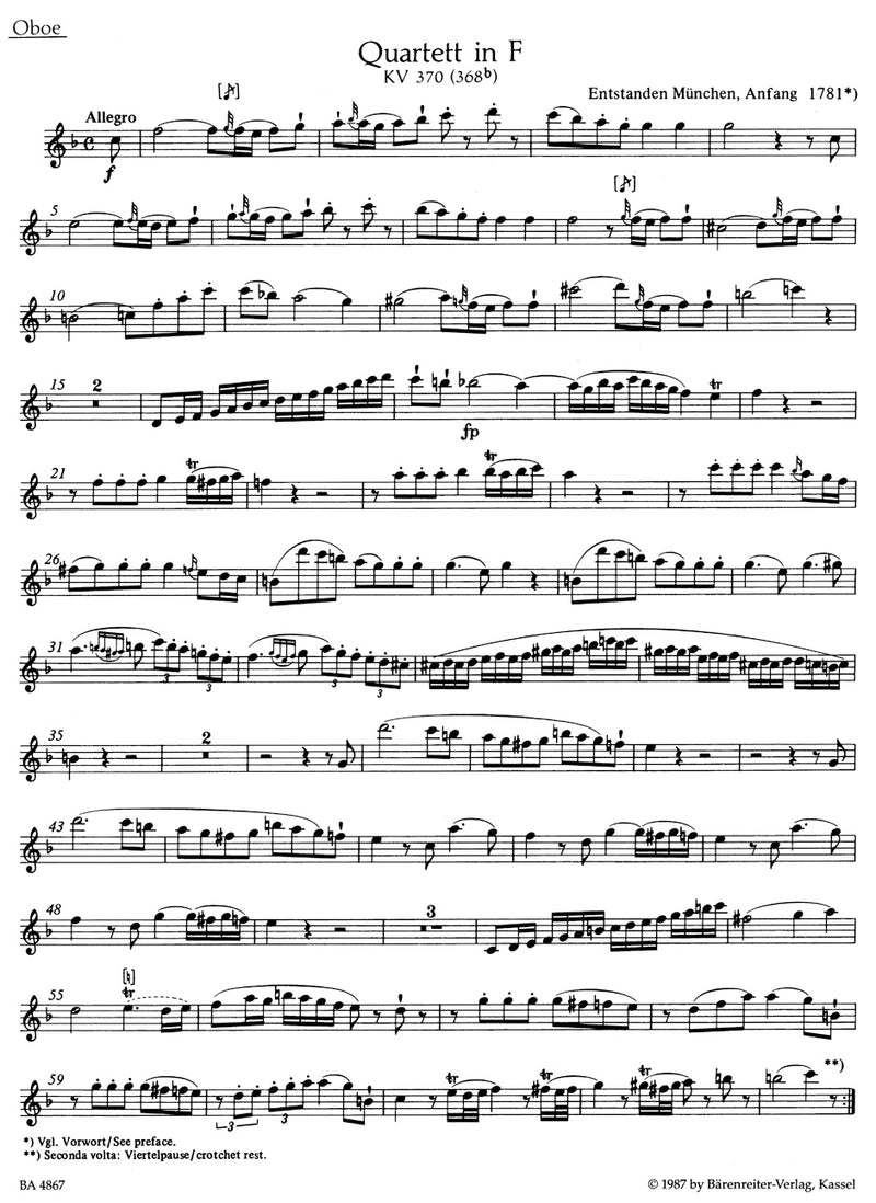 Quartet for Oboe, Violin, Viola and Violoncello F major K. 370 (368b) [set of parts]