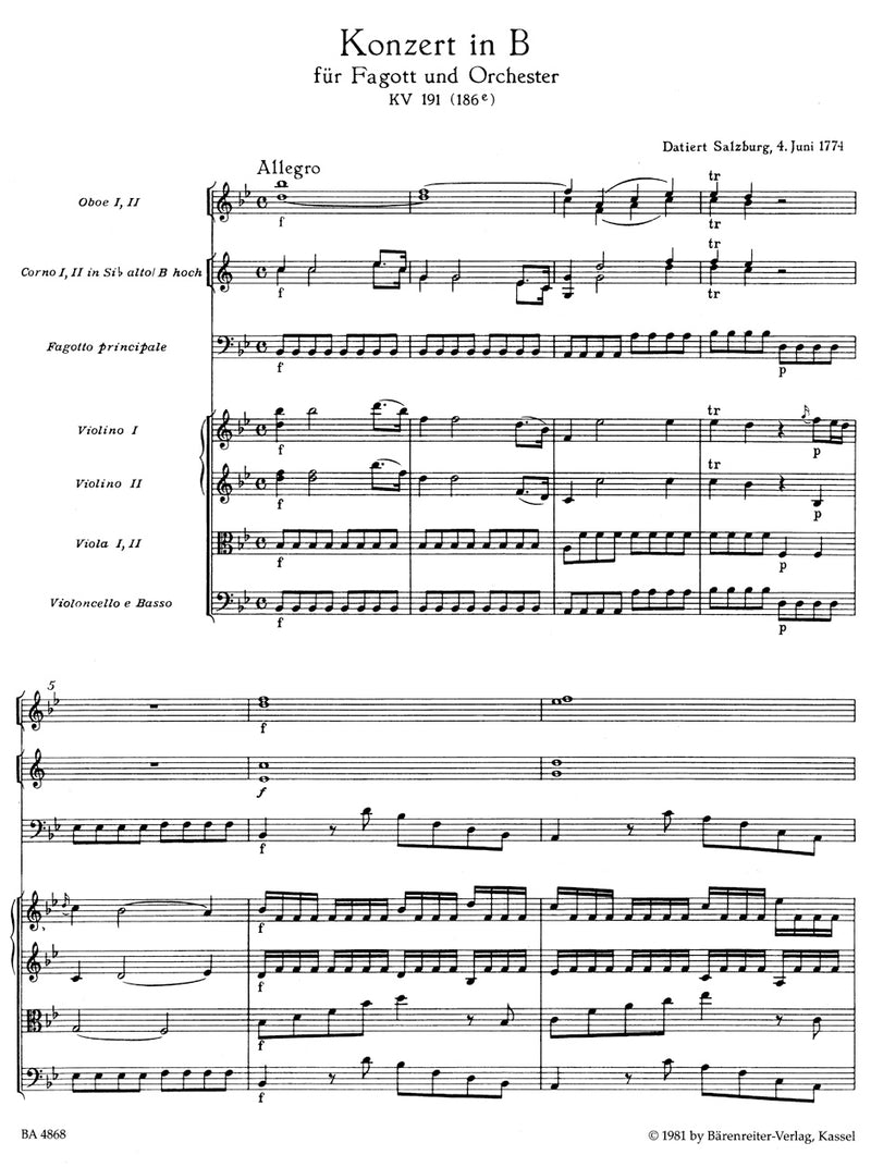 Concerto for Bassoon and Orchestra B-flat major K. 191(186e) [score]