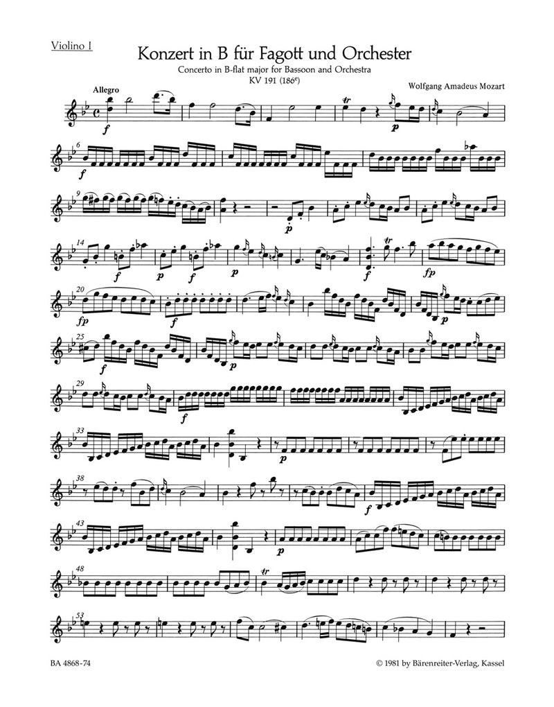 Concerto for Bassoon and Orchestra B-flat major K. 191(186e) [violin 1 part]