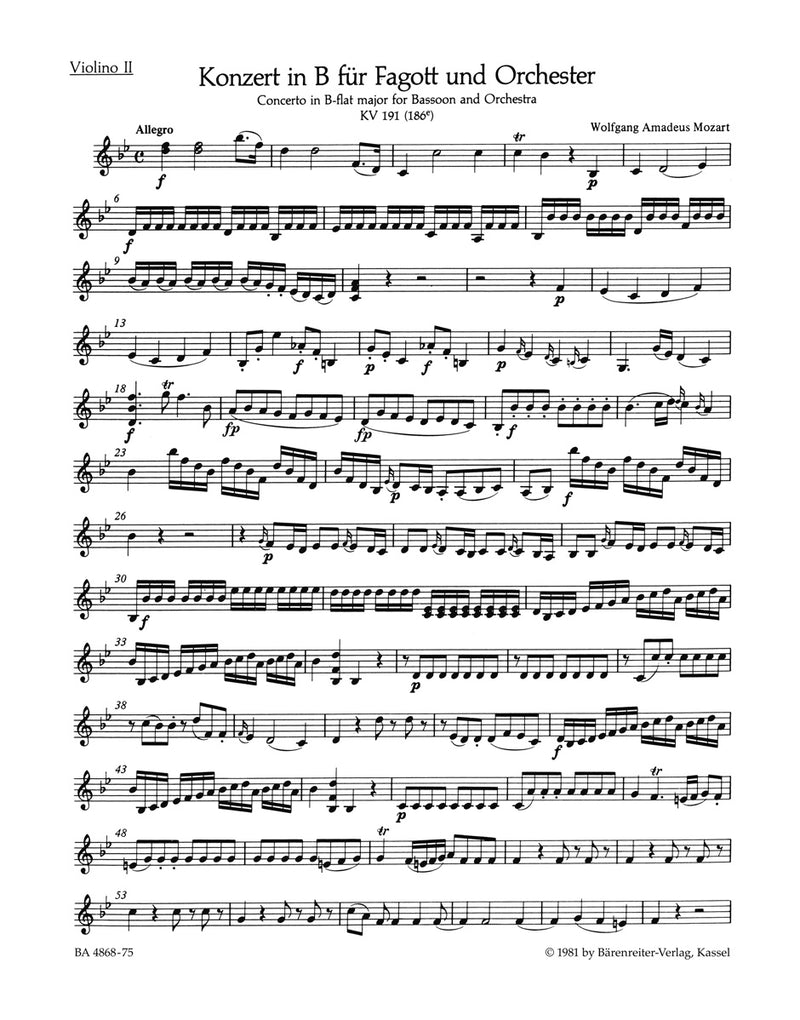 Concerto for Bassoon and Orchestra B-flat major K. 191(186e) [violin 2 part]