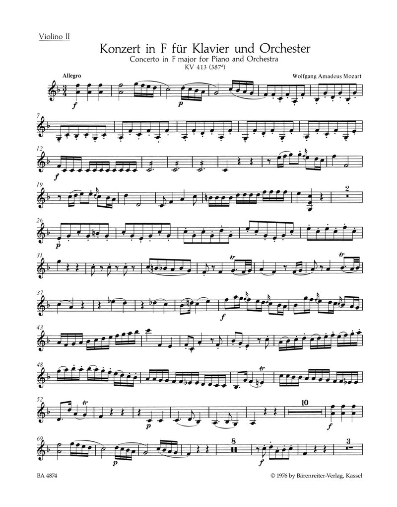 Concerto for Piano and Orchestra Nr. 11 A major K. 413(387a) [violin 2 part]