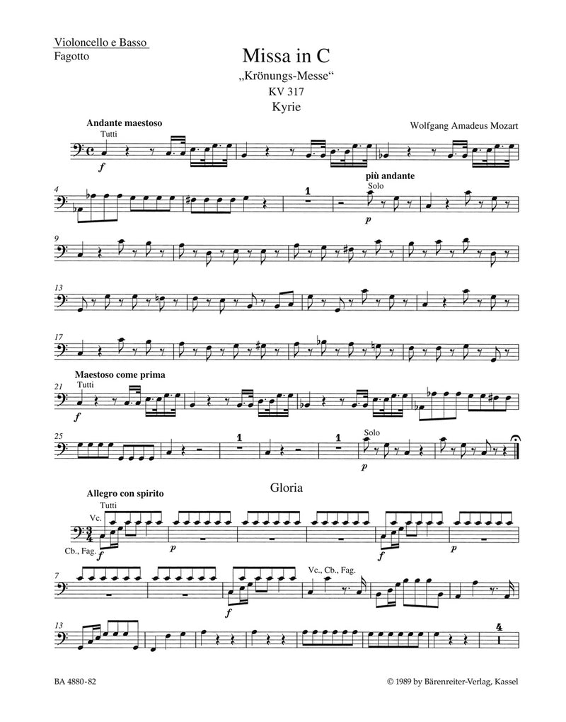Missa C major K. 317 "Krönungsmesse = Coronation Mass" [cello/double bass/bassoon part]