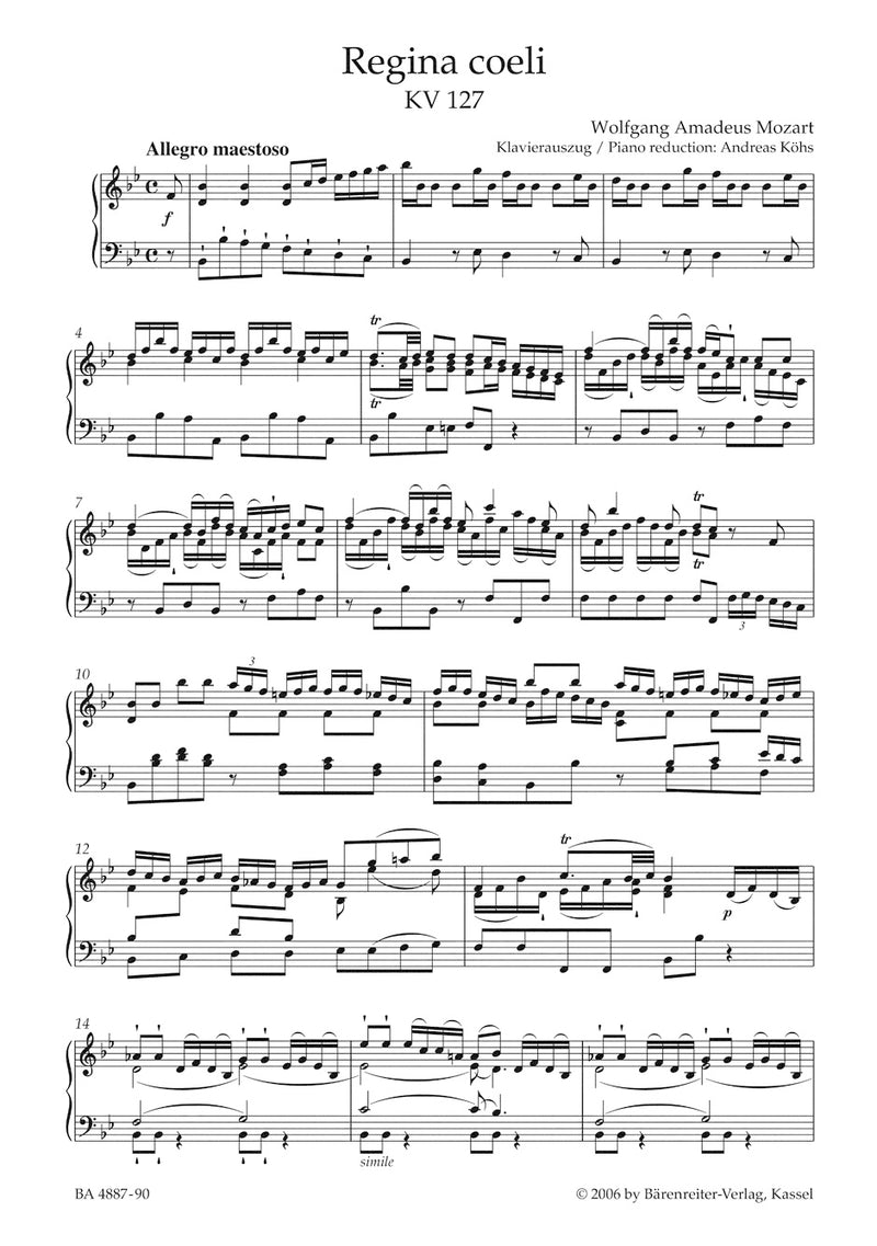Regina coeli B-flat major K. 127 （ヴォーカル・スコア）