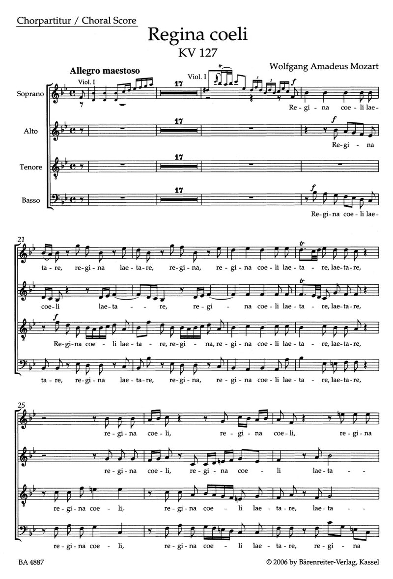Regina coeli B-flat major K. 127 [合唱楽譜]