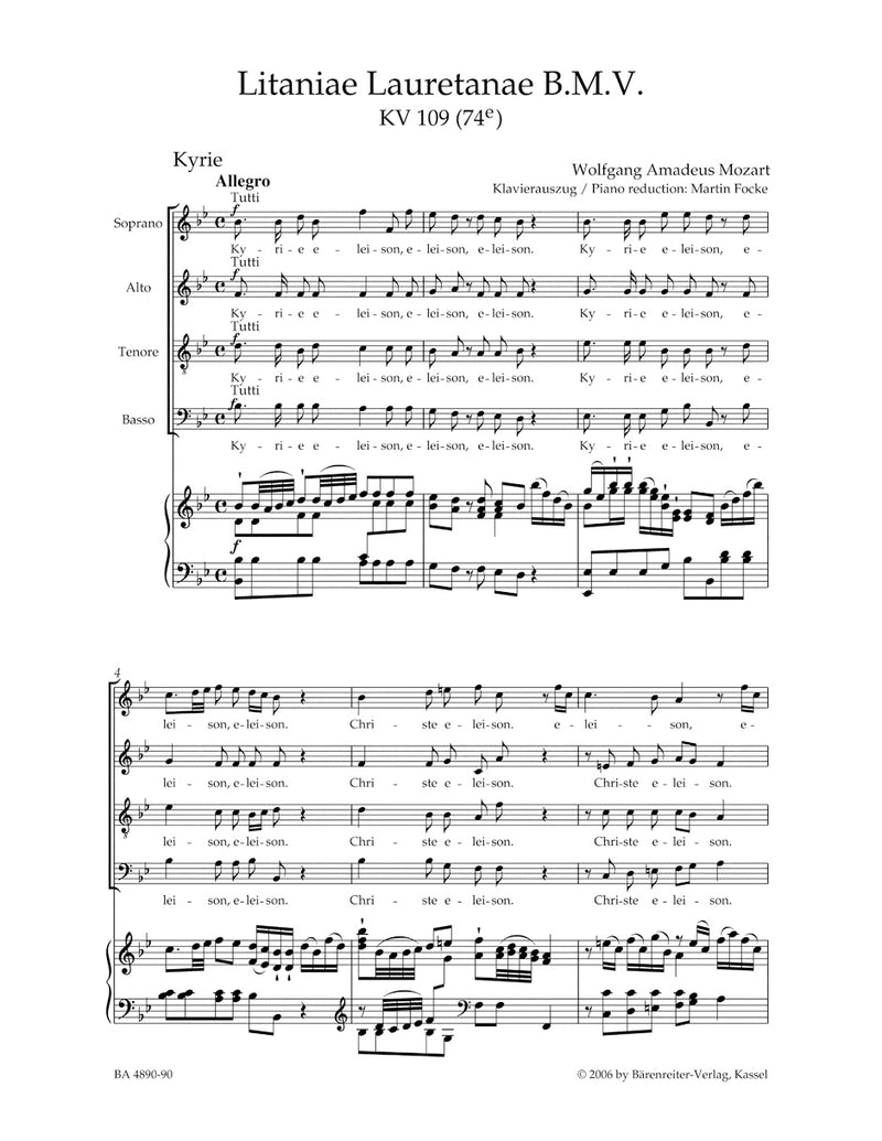 Litaniae Lauretanae B. M. V. B-flat major K. 109 (74e) （ヴォーカル・スコア）