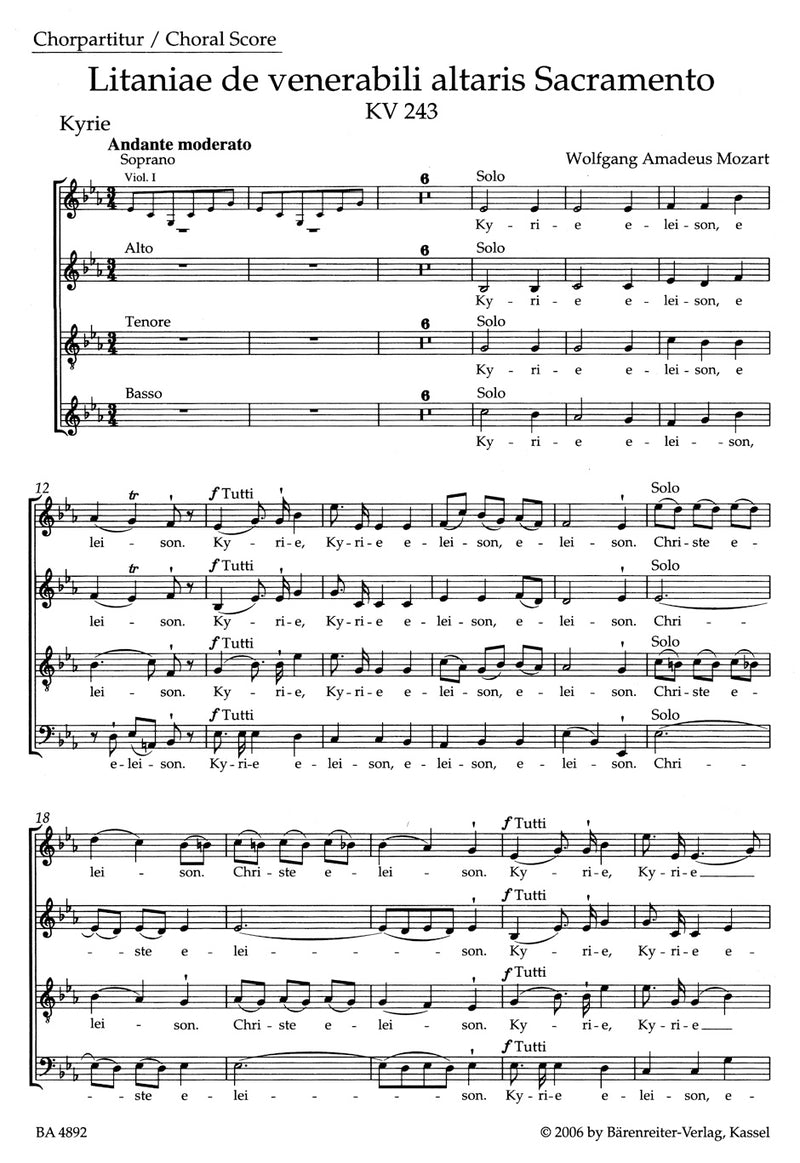 Litaniae de venerabili altaris Sacramento E-flat major K. 243 [合唱楽譜]