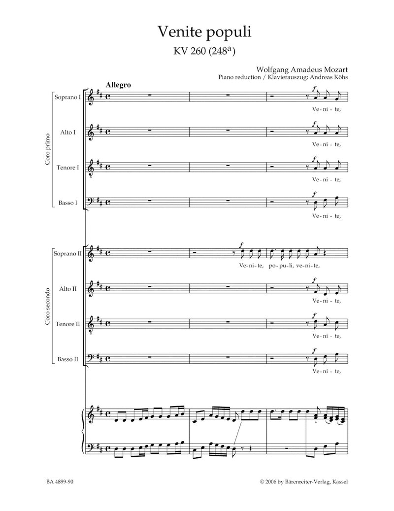 Venite populi K. 260 (248a) -Offertorium de venerabili sacramento- （ヴォーカル・スコア）