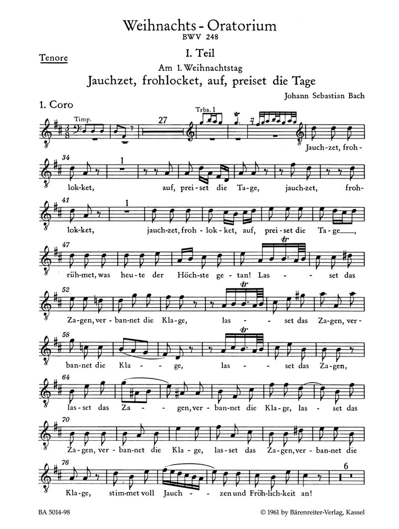 Weihnachts-Oratorium = Christmas Oratorio BWV 248 [tenor part]