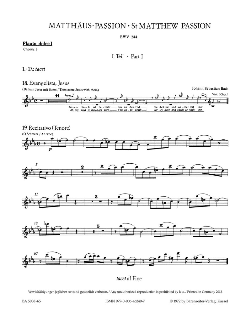 Matthäus-Passion, BWV 244 [set of wind parts]
