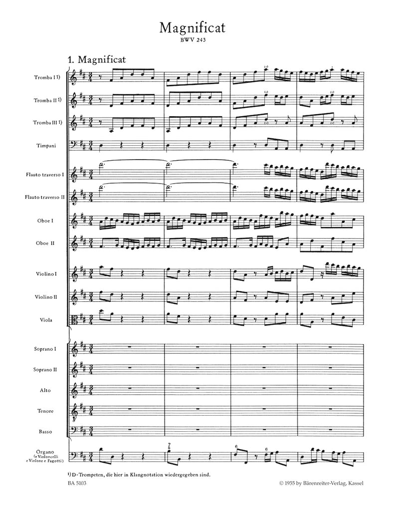 Magnificat D major BWV 243 (2nd version with the 4 inserts from the E-flat major version (transposed)) [score]