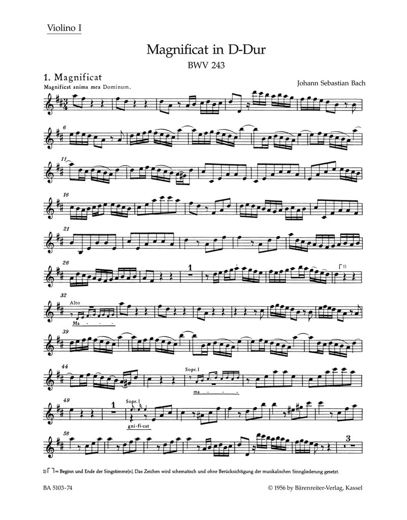 Magnificat D major BWV 243 (2nd version with the 4 inserts from the E-flat major version (transposed)) [violin 1 part]