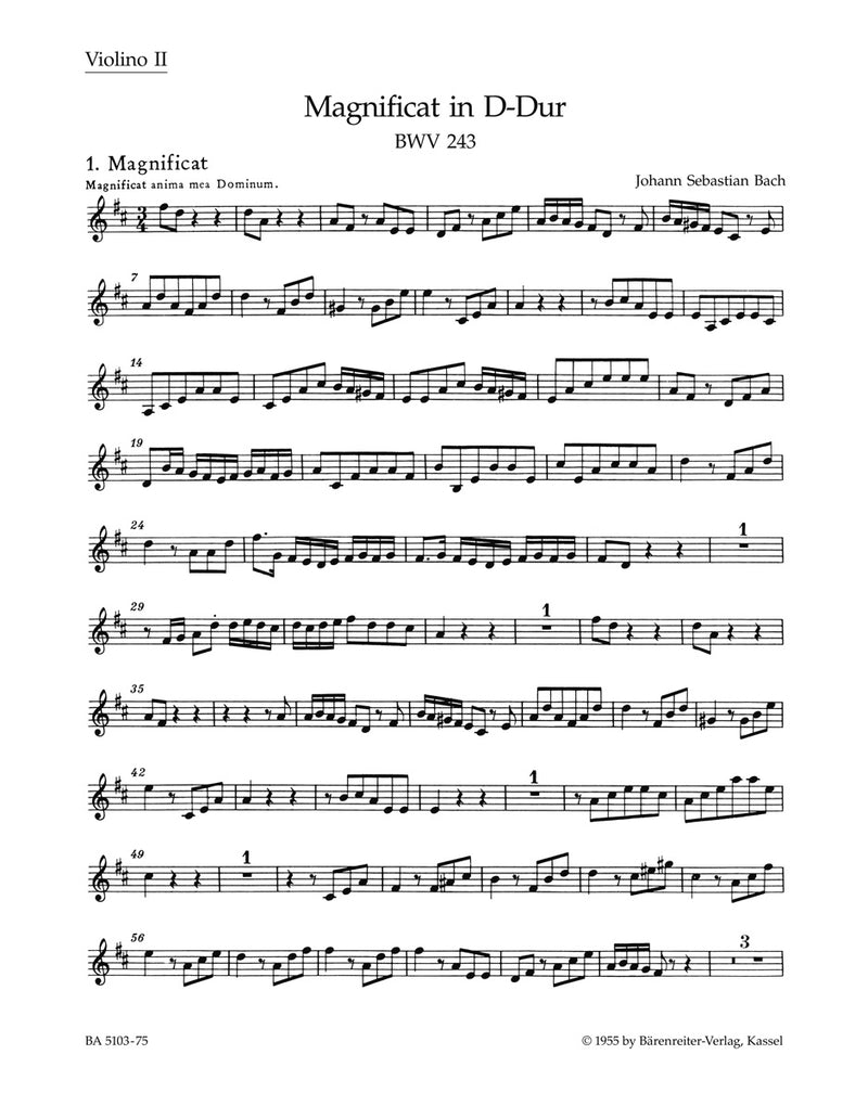 Magnificat D major BWV 243 (2nd version with the 4 inserts from the E-flat major version (transposed)) [violin 2 part]