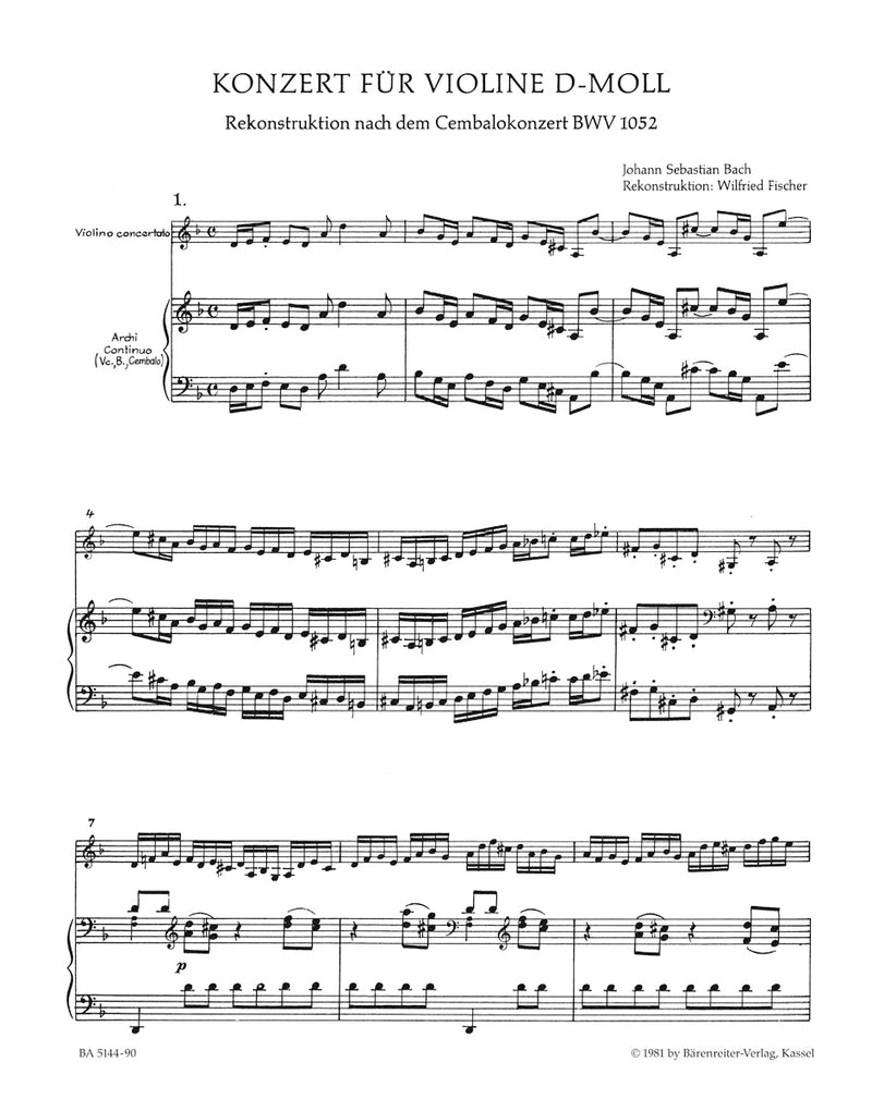 Concerto for Violin, Strings and Basso Continuo D minor (Reconstructed from BWV 1052) （ピアノ・リダクション）