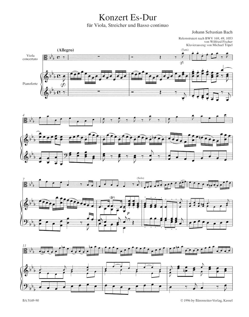 Concerto for Viola, Strings and Bc E-flat major -Reconstructed from BWV 169, 49, 1053- （ピアノ・リダクション）