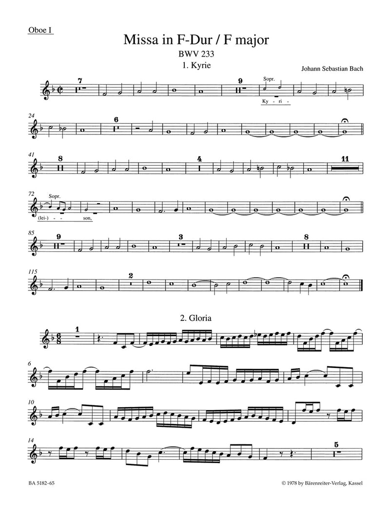 Mass F major BWV 233 "Lutheran Mass 1" [set of wind parts]