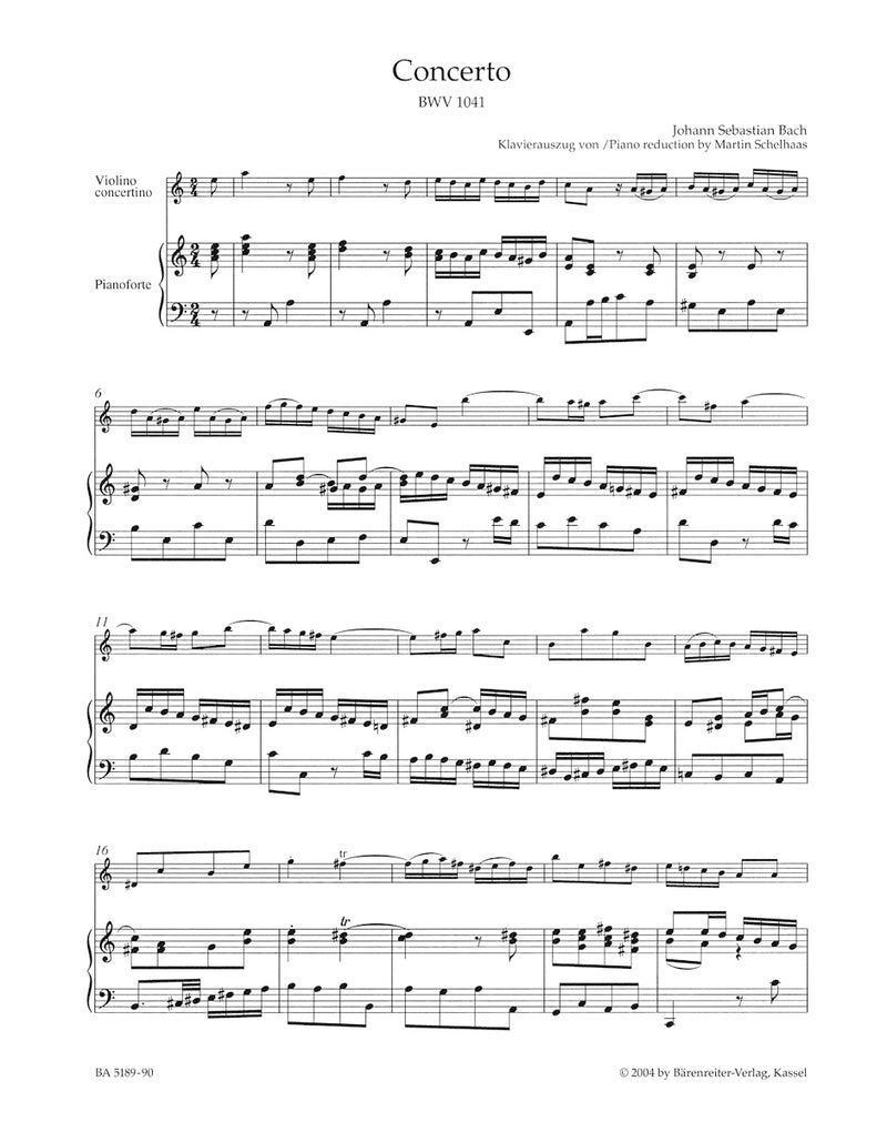 Concerto for Violin, Strings and Basso Continuo A minor BWV 1041（ピアノ・リダクション）