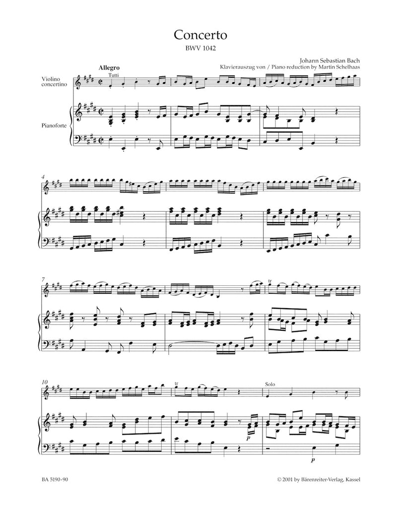 Concerto for Violin, Strings and Basso Continuo E major BWV 1042（ピアノ・リダクション）