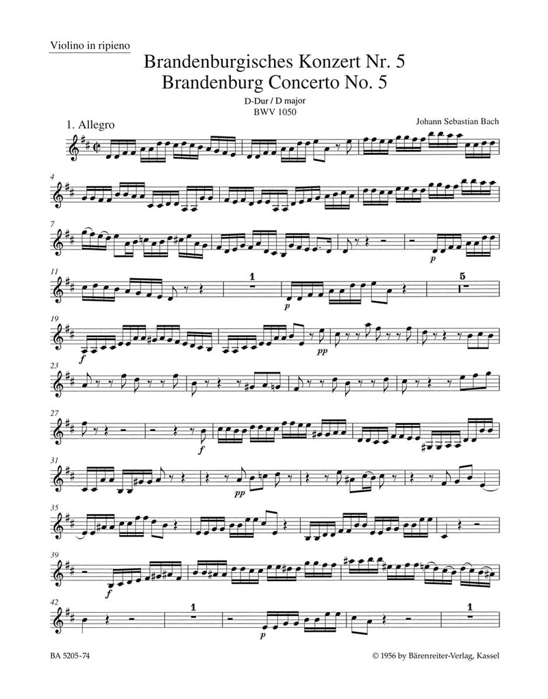 Brandenburg Concerto No. 5 and Concerto No. 5 "Early Version" D major BWV 1050, BWV 1050a [violin part]