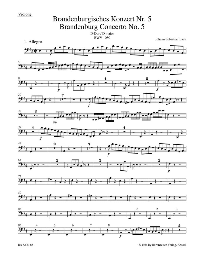 Brandenburg Concerto No. 5 and Concerto No. 5 "Early Version" D major BWV 1050, BWV 1050a [double bass/Vo part]
