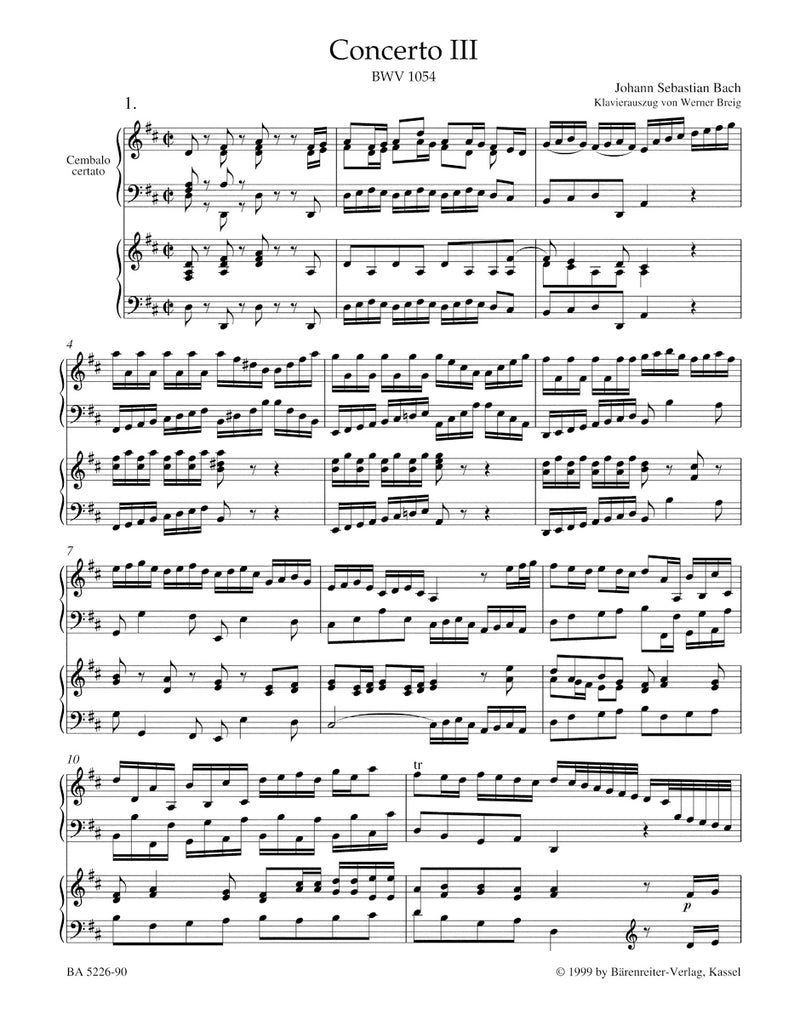 Concerto for Harpsichord and Strings Nr. 3 D major BWV 1054（ピアノ・リダクション）