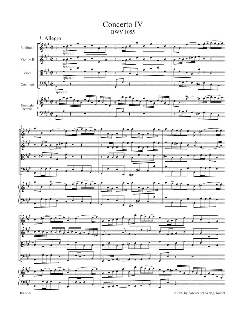 Concerto for Harpsichord and Strings Nr. 4 A major BWV 1055 [score]