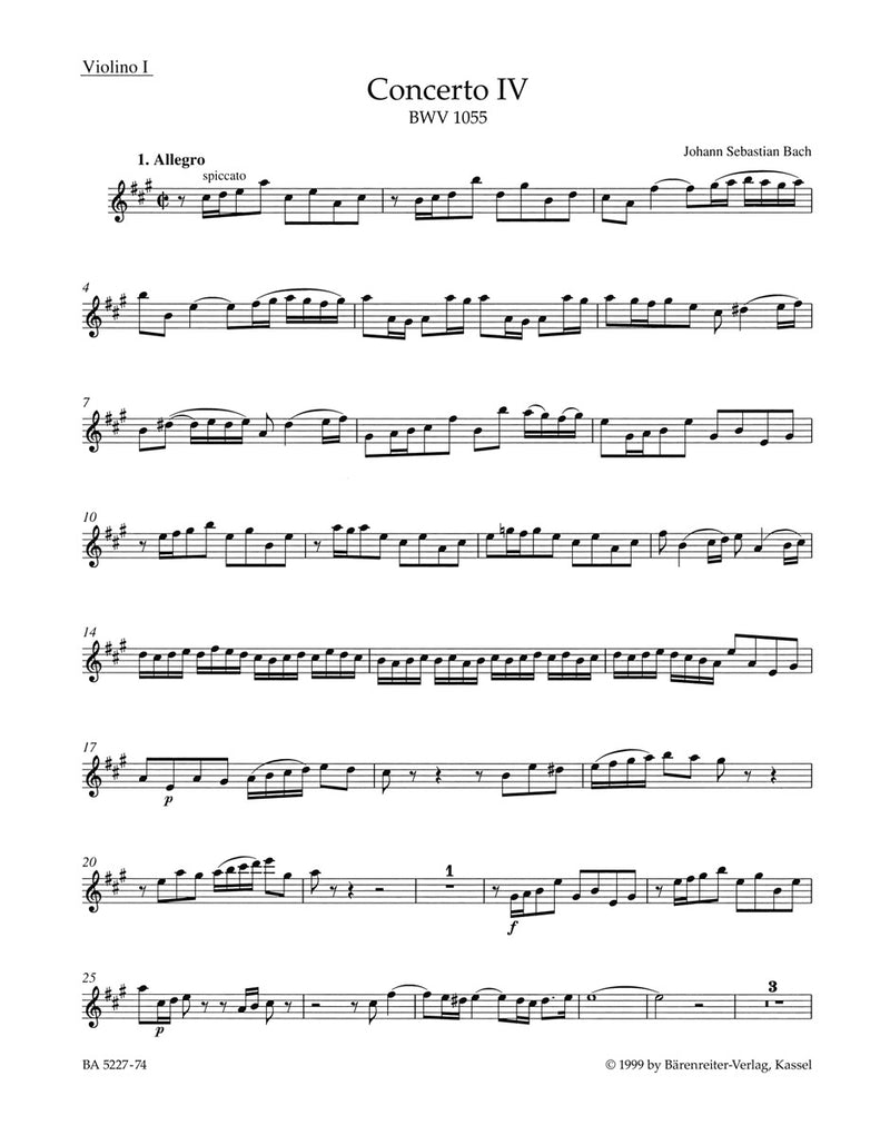 Concerto for Harpsichord and Strings Nr. 4 A major BWV 1055 [violin 1 part]