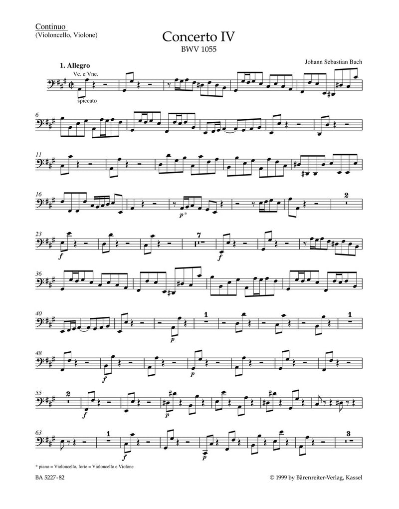Concerto for Harpsichord and Strings Nr. 4 A major BWV 1055 [basso continuo(cello/Vo) part]