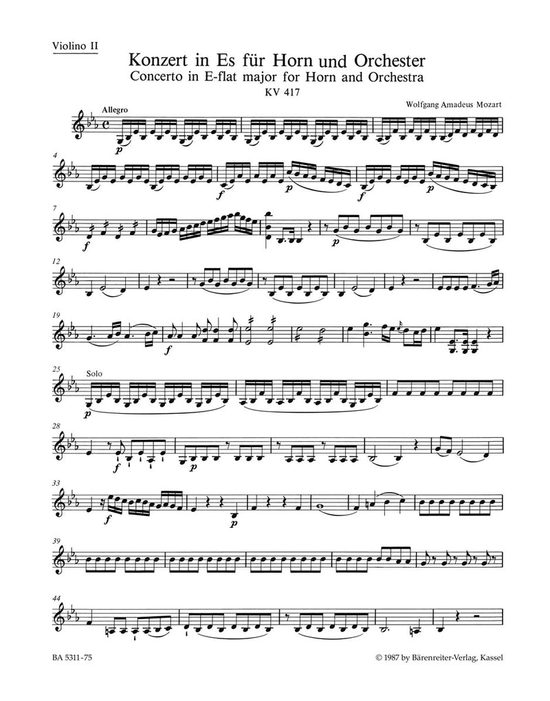 Concerto for Horn und Orchestra Nr. 2 E-flat major K. 417 [violin 2 part]